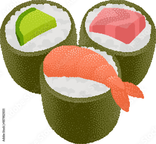 Illustration of Japanese sushi with nigiri and maki rolls. Isolated on white background in vintage pointillism dot style