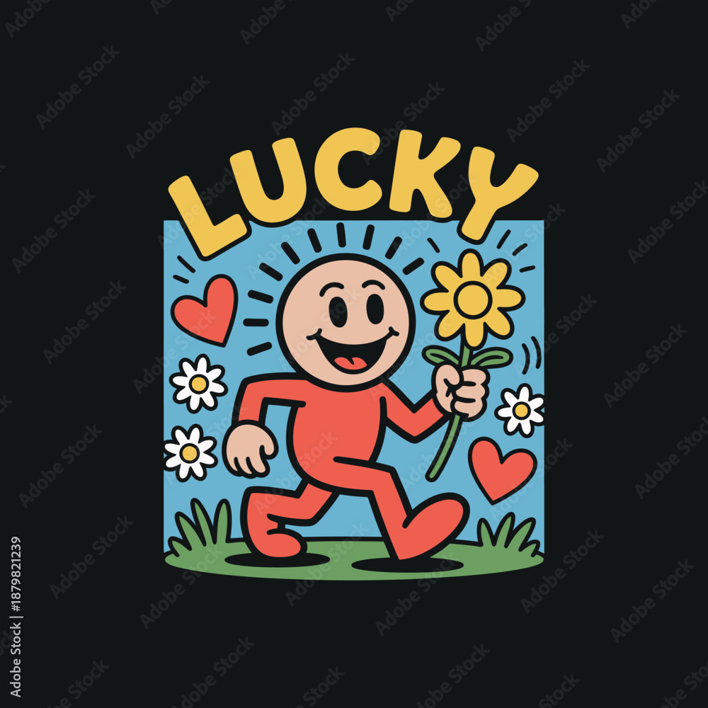 Naklejka premium Lucky smiling cartoon character holding sunflower in retro pop art design running through field of flowers and hearts on black background