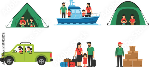 Family activity cartoon vector, camping, boating, travel, moving scenes, outdoor lifestyle illustration, vacation design, parenting artwork