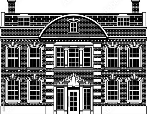 Victorian silhouette old English house building. Georgian mansion manor style homes. Vintage British architecture facade illustration.