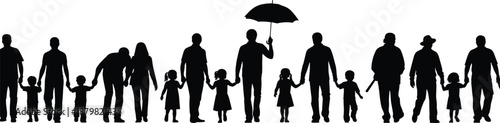 Family silhouette vector, unity and protection illustration, intergenerational bond artwork, umbrella care scene, black and white design