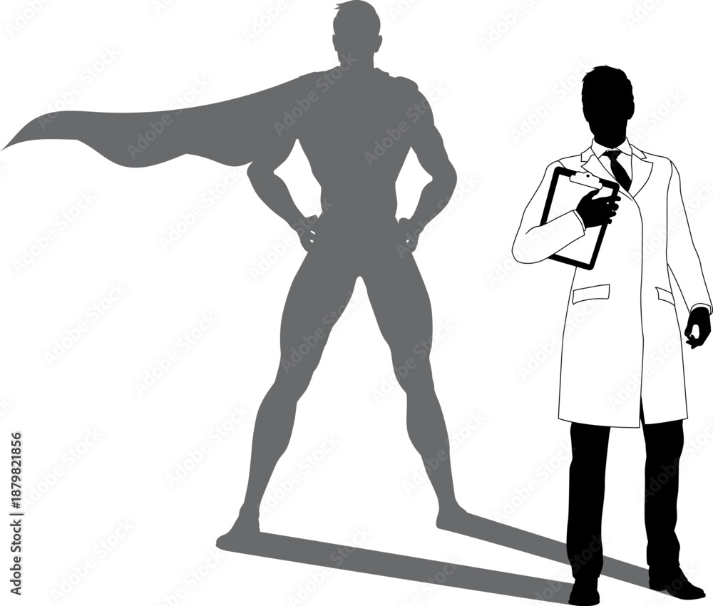 Fototapeta premium A superhero male scientist, engineer, doctor or teacher in a lab white coat man. Revealed by his shadow silhouette as a super hero in a cape.