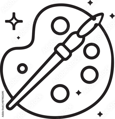 Black and white icon depicting painting tools brushes palette and paint