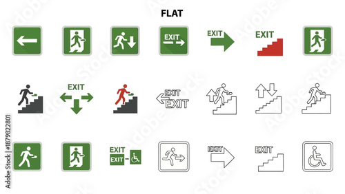 Collection of various emergency exit signs and pictograms, including flat, outlined, and colored versions with arrows, people, stairs, and accessibility symbols.