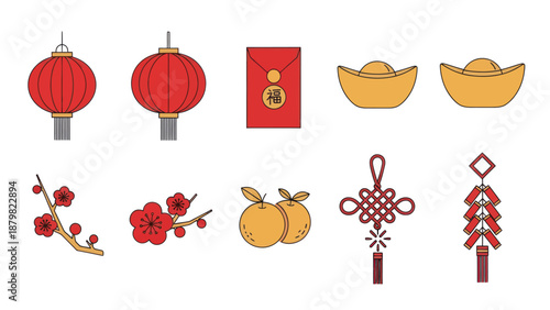 Chinese New Year Icons: Lanterns, Red Envelopes, Gold Ingots, Plum Blossoms, Oranges, Knot, Firecrackers