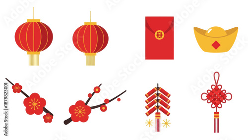 Chinese New Year Elements: Lanterns, Red Envelope, Gold Ingot, Plum Blossoms, Firecrackers, Knot