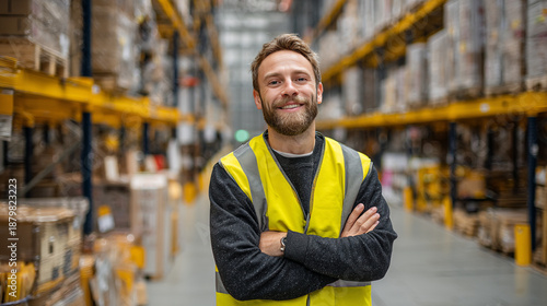 Cheerful warehouse worker in yellow safety vest standing in storage aisle