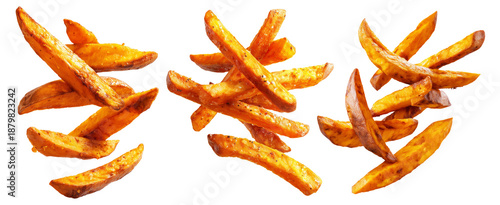 Set of Kumara sweet potato  fries with black pepper and herbs, isolated on white background, concept of New Zealand fast food snack