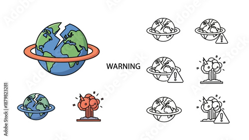 Set of icons depicting a cracked Earth, a warning sign, and an exploding brain, symbolizing global environmental and mental health crises.