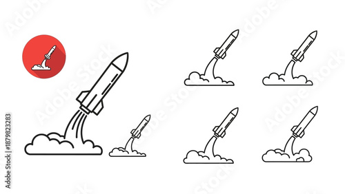 Vector line art illustrations of rockets launching into space, symbolizing startup growth, innovation, and technological advancement.