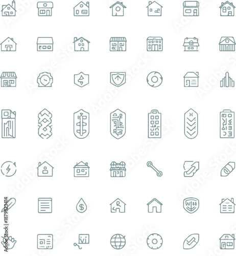 Set of line icons related to real estate, property, buying, renting, house, home. Outline icon collection.