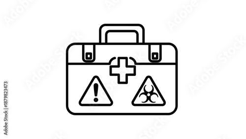 Outline illustration of a safety and first aid kit with warning and biohazard symbols on a white background.