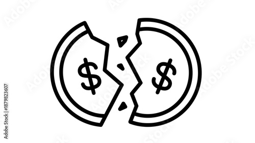 A broken dollar coin icon symbolizing financial crisis, economic downturn, debt, and monetary loss.