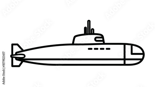 Black and white outline drawing of a submarine with periscope and rudder, depicted in a simple, iconic style.