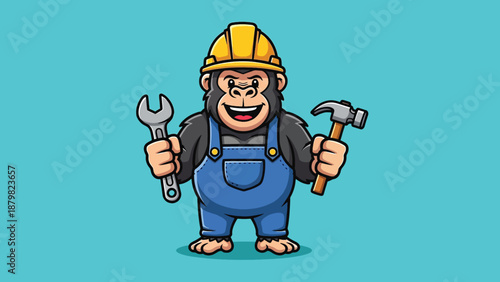 Cartoon Gorilla Construction Worker Holding Tools.