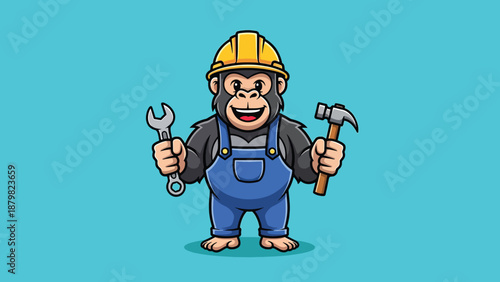 Cartoon Monkey Worker Holding Tools.