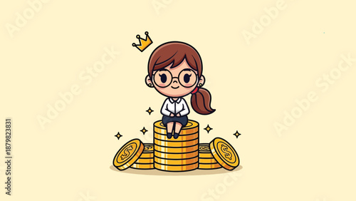 Cute Businesswoman Sitting on Stack of Coins with Crown.