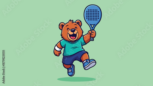 Cute bear playing padel tennis with a racket.