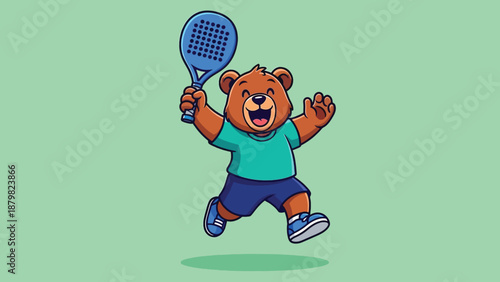 Cute cartoon bear playing padel tennis and a racket