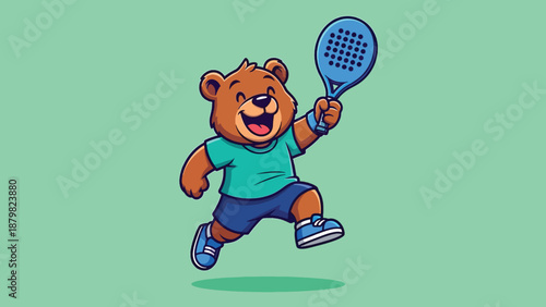 Cute cartoon bear playing padel tennis with a racket.