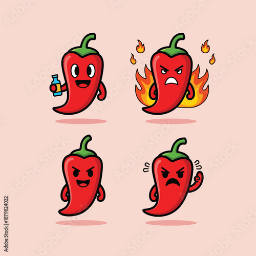 Cute Chili Pepper Character Set with Various Expressions.