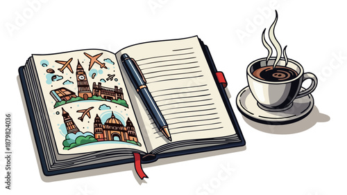 Travel Journal Planning Sketchbook with London Landmarks and Steaming Coffee