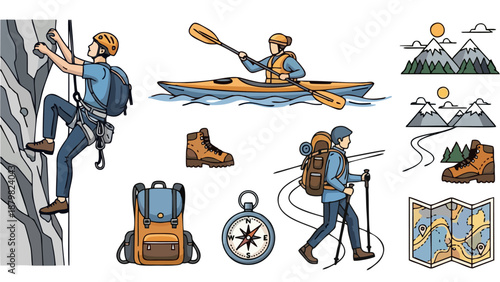 Outdoor Adventure Gear and Activities Icon Set Climbing Kayaking Hiking Illustration