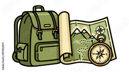 Adventure Gear Icons Green Backpack Vintage Map and Compass for Hiking and Travel Planning