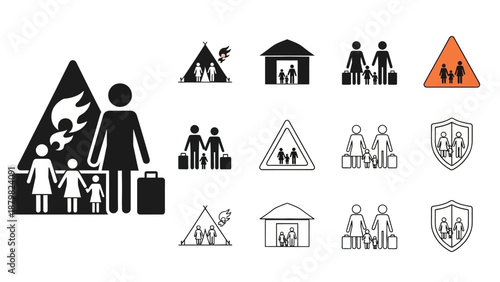 Collection of black and white icons depicting family evacuation, emergency, and safety, showing families with luggage, in burning homes, safe houses, and under protection.