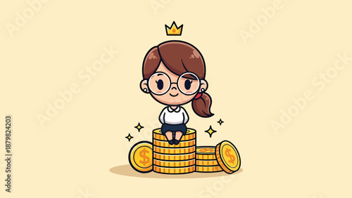 Cute Girl Wearing Crown Sitting on Stack of Coins.