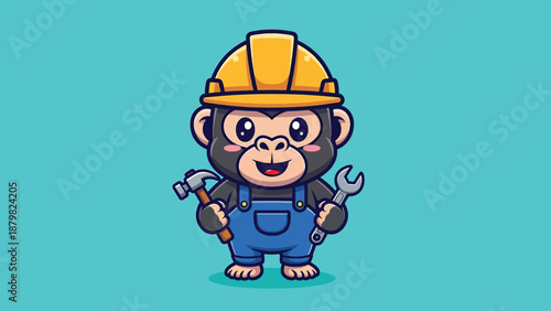 Cute Monkey Construction Worker Cartoon Character.