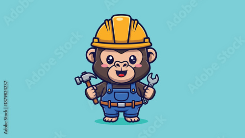 Cute Monkey Wearing Hard Hat and Overalls Holding Tools.