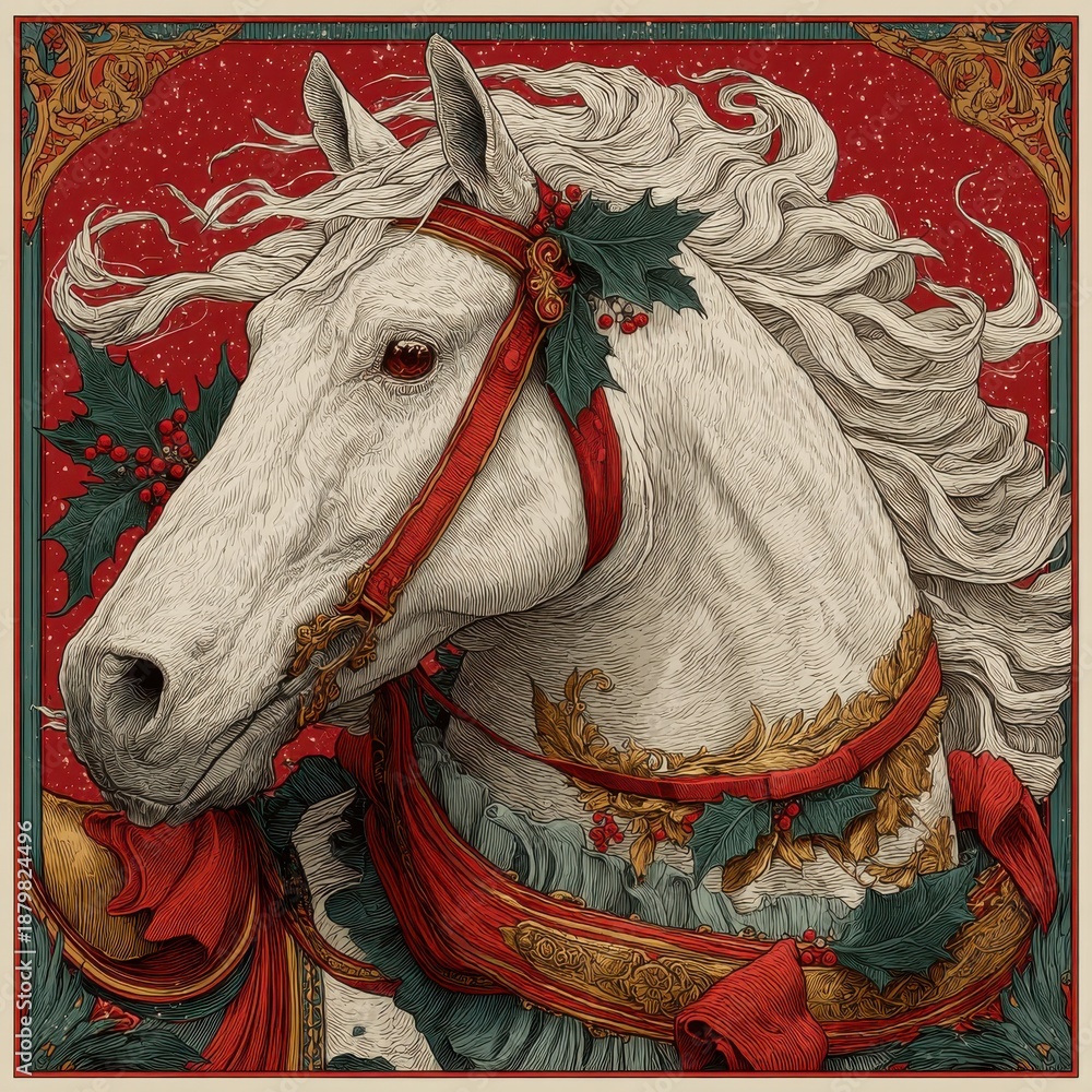 Obraz premium White horse with red and gold ribbons, holly accents, and ornate border in festive illustration