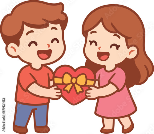 A cute cartoon couple happily sharing a heart shaped gift box symbolizing love and affection