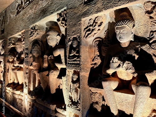 Reclining Buddha in Cave 26 of the Ajanta Caves, ancient Buddhist rock-cut monument in India
