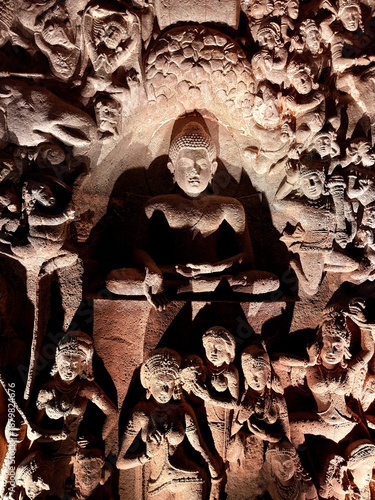 Reclining Buddha in Cave 26 of the Ajanta Caves, ancient Buddhist rock-cut monument in India
