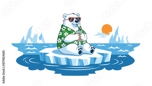 Polar Bear on Melting Ice Floe Enjoying a Tropical Drink.