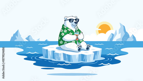 Polar Bear on Melting Ice Floe Wearing Sunglasses with Hawaiian Shirt.