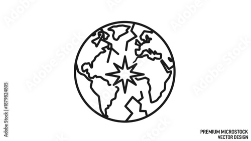 Line art illustration of Earth globe with a starburst symbol at its center, representing a global event or focus point.