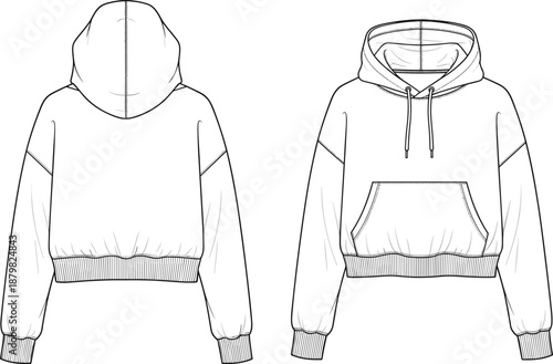 Crop hoodie vector illustration, fashion technical flat, front and back view, women sweatshirt design, short hoodie template, streetwear apparel