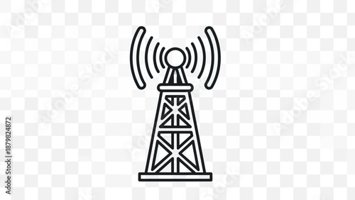 Simple line art icon of a communication tower emitting radio waves, symbolizing broadcast, network, or signal transmission.