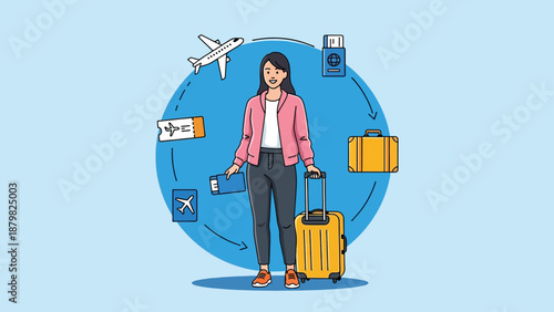 Woman with Luggage and Travel Icons Around Her.