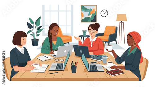Diverse group of women collaborate in a modern office setting, discussing ideas around a table with laptops and notebooks