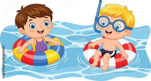 Kids swimming cartoon vector, pool activity illustration, inflatable ring artwork, summer fun design, water safety character scene