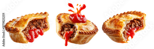 Set of Australia meat pie filled with minced meat  and topped with ketchup, isolated on white transparent background