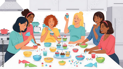A vibrant group of diverse women enjoys a fun baking party, decorating colorful cupcakes with frosting and sprinkles in a bright kitchen, sharing laughter and making sweet memories