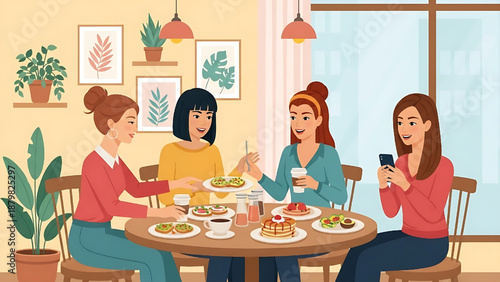 A diverse group of women enjoying a delightful brunch together at a cozy cafe, sharing food and conversation