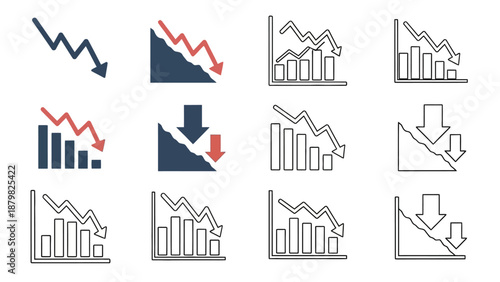 Set of vector icons illustrating business loss, market decline, and economic recession.