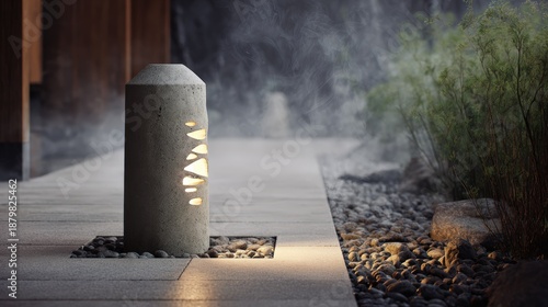 Modern Concrete Garden Bollard Light Illuminating Pathway with Eco-Friendly Landscaping and Soft Ambient Fog