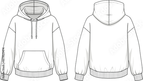 Hoodie mockup front and back, fashion flat, technical apparel illustration, blank pullover sweatshirt, vector template for branding and printing design